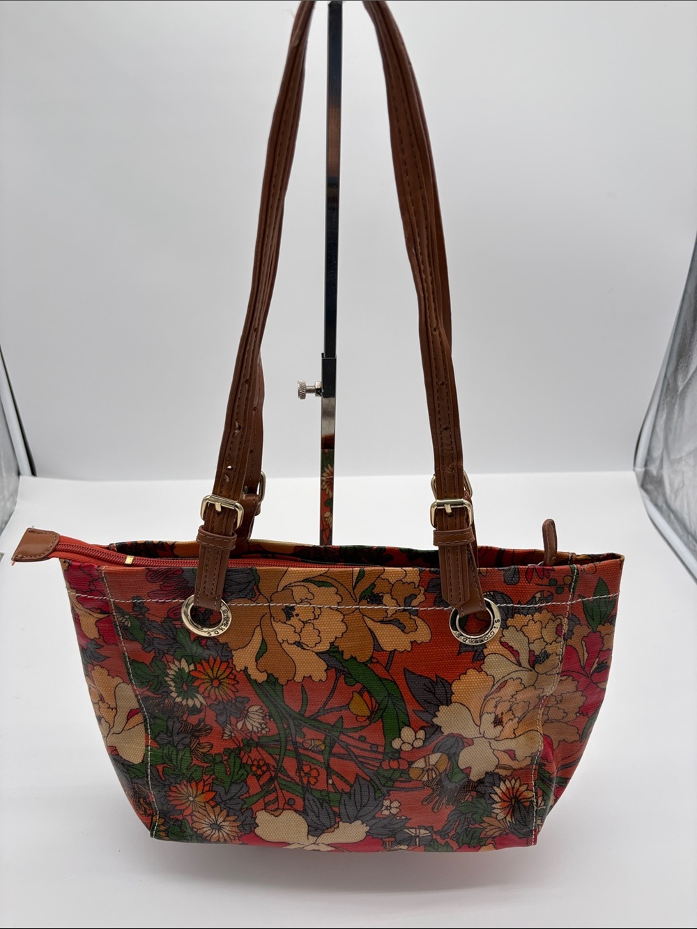 Sakroots Orange Red Floral Artist Circle Coated Canvas Tote Bag BLEMISH